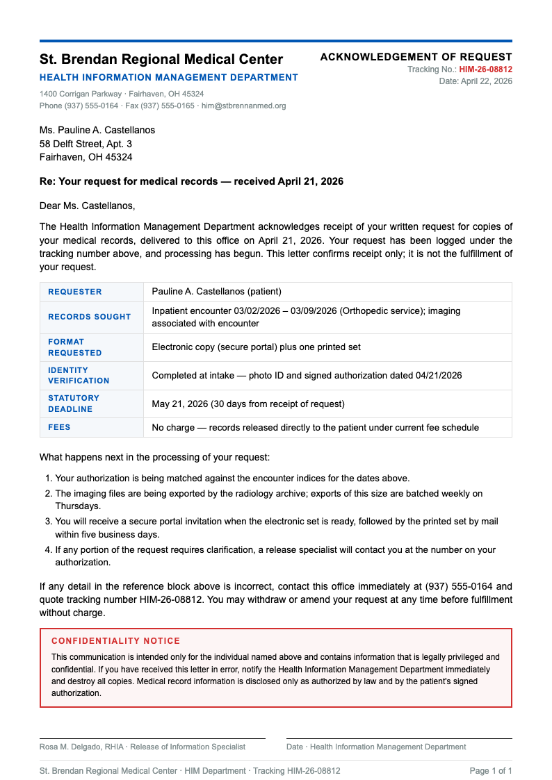 Medical formal acknowledgement letter